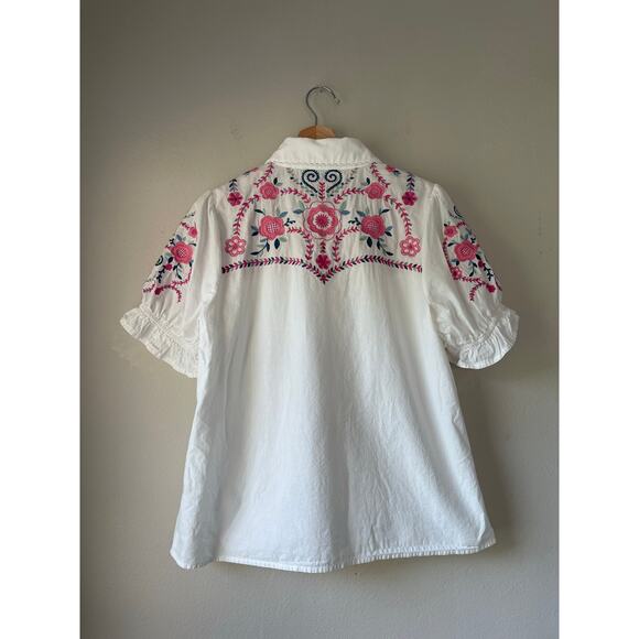 Rockin’ C White Puff Sleeve Embroidered Blouse - Picture 4 of 6